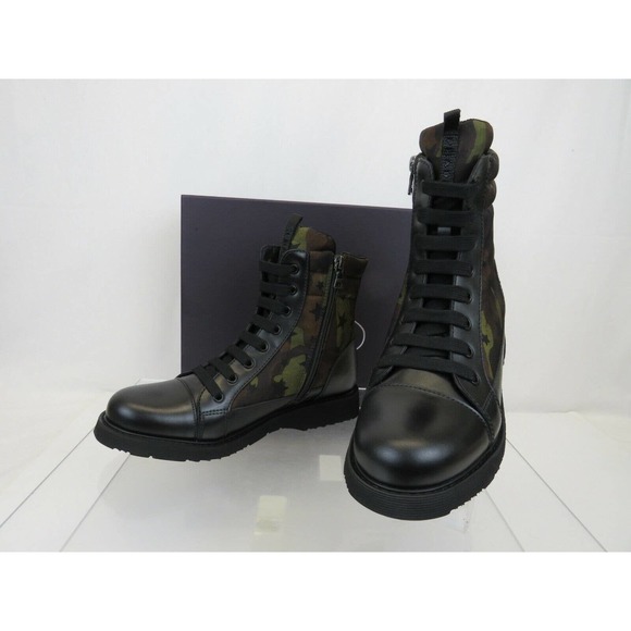 NIB PRADA 0T0782 CAMOUFLAGE GREEN LEATHER CAP TOE LACE UP COMBAT BOOTS 37 US 7 - Picture 6 of 12
